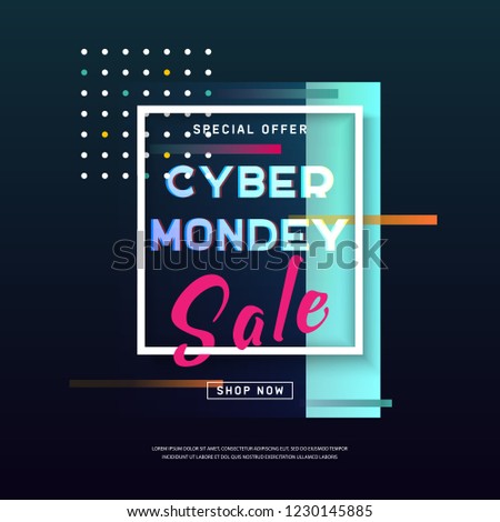 Cyber Monday media concept banner in modern neon style. Abstract background for web, e-mail promotion. Online shopping Poster. Advertisement, Business offer cyber Monday. Vector illustration