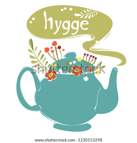 The symbol of the Scandinavian fashionable direction Hygge. A teapot from which is a cloud with an inscription. In pastel colors.