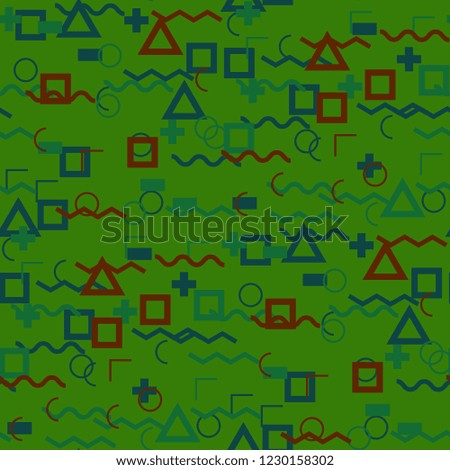 Seamless Memphis Background. Abstract Color Texture with Lines and Geometric Figures for Wallpaper, Print, Cotton. Trendy Seamless Multicolor Background in Memphis Style for your Design. Vector.
