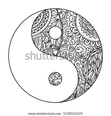 Yin and Yang on white. Zentangle. Hand drawn mandala on isolation background. Design for spiritual relaxation for adults. Line art creation. Black and white illustration for coloring.