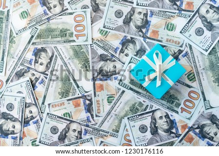 Boxing day sale. Shopping banner mockup with gift box on dollar money banknotes background. Black Friday sale shopping concept