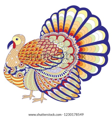 colored zentangle style of thanksgiving turkey isolated on white background for design element. Vector illustration
