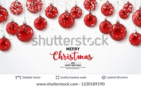 Red Christmas balls and text on light background. 3D glossy fir tree decorative toys. New Year holiday banner template.