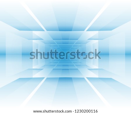 White and blue background for tech or sci-fi design projects. Pale backdrop with vanishing point. Walls of futuristic room or portal. For web design, posters, covers. Royalty-Free Stock Photo #1230200116