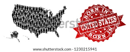 People crowd combination of black population map of USA territories and scratched seal. Vector red seal with scratched rubber texture has Born In text.