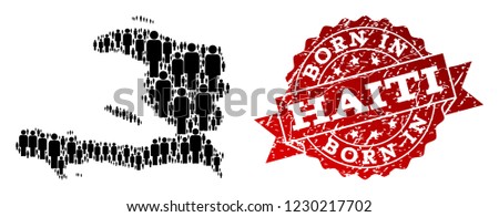 People crowd composition of black population map of Haiti and rubber stamp. Vector red imprint with distress rubber texture has Born In text. Mosaic map of Haiti designed with standing persons.