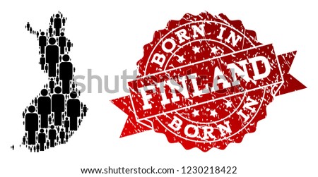 People crowd composition of black population map of Finland and unclean seal. Vector red seal with unclean rubber texture has Born In text. Mosaic map of Finland constructed with standing persons.