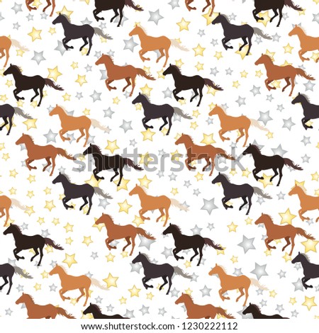Seamless equestrian pattern on a white background with stars. Diagonal placed running horses. For prints on clothes, wrapping paper, web design. Royalty-Free Stock Photo #1230222112