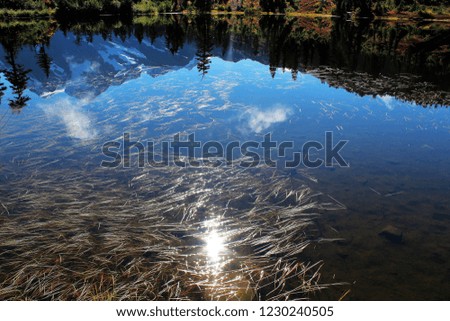 Fall colors surrounding Picture Lake with reflection of Mount Shuksan and morning sun 