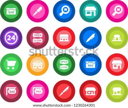 Round color solid flat icon set - 24 around vector, shop, pen, store, search cargo, sale, sold signboard, cafe building, open close, cart, storefront