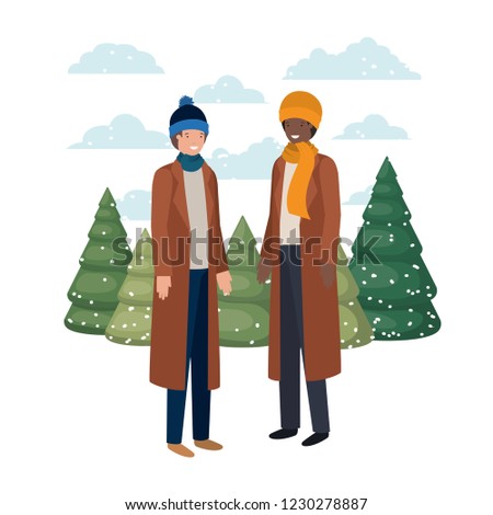 men with winter clothes and winter pine trees avatar character