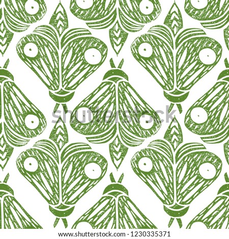 Butterflies. Seamless pattern. Linocut handmade vector illustration. Green color. Isolated on white. Rotate Pattern Elements