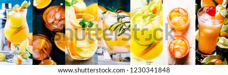 Alcoholic cocktails with orange in assortment. Close-up. Photo collage