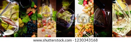 Red and white wine, alcohol collection in glasses. Wine tasting. Rustic style. Photo collage