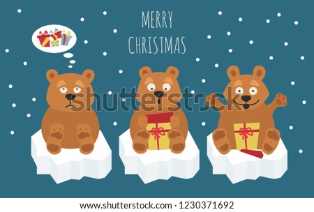 Cute brown bear sticker set. Elements for christmas holiday greeting card, poster design. Vector illustration