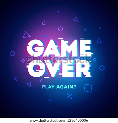Vector Illustration word Game Over - Play Again in cyber noise glitch design. For games, banner, web pages. Three color half-shifted letters effect. Royalty-Free Stock Photo #1230400006
