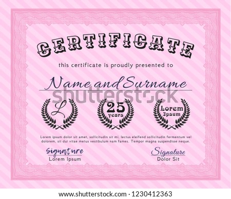 Pink Certificate of achievement template. With complex linear background. Lovely design. Vector illustration. 