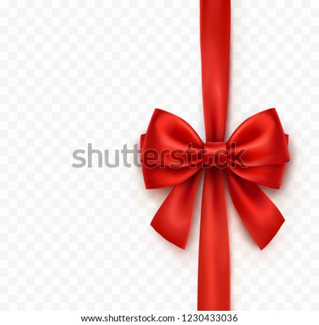 Bow isolated on transparent background. Vector Christmas red satin bow with ribbon, xmas wrap element template.
