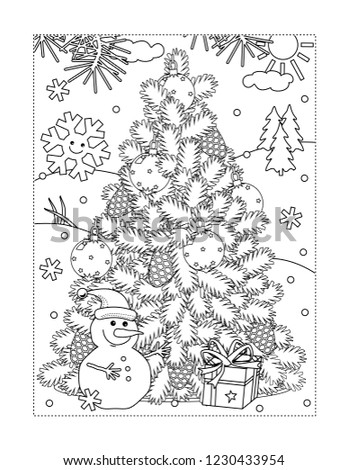 Winter holidays, New Year or Christmas joy themed coloring page with christmas tree, cheerful snowman, gift box