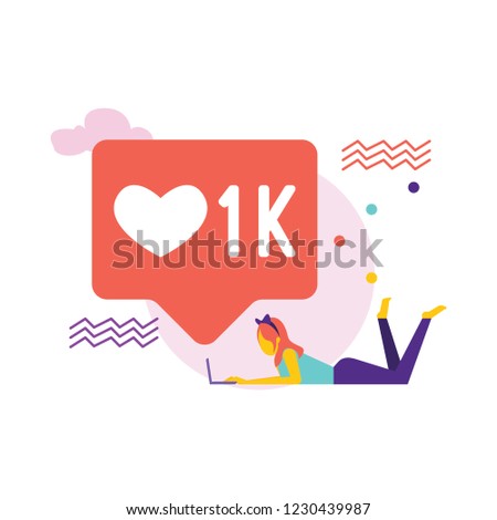Social media bubble with heart symbol flat vector illustration of young people using mobile gadgets such as laptop, tablet pc and smartphone for networking and collecting likes and comments.