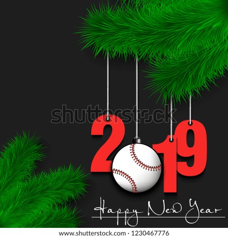 Happy New Year and numbers 2019 and baseball ball as a Christmas decorations hanging on a Christmas tree branch. Design pattern for greeting card. Vector illustration