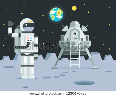 Cosmonaut Astronaut Landing Planet Lander Icon on Stylish Earth Moon Stars Background Cartoon Design  Illustration