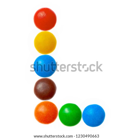 Letter L of sweet colored candies, alphabet isolated on white background