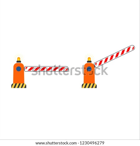 Barrier gate of a black and yellow striped color. Flat isolated vector illustration car barrier, on a white background.