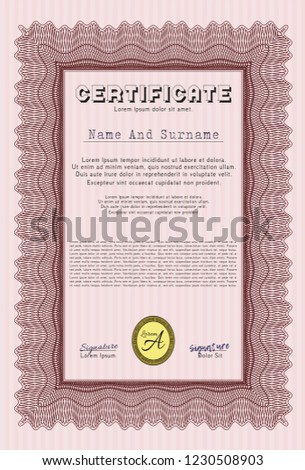 Red Certificate of achievement. Nice design. Easy to print. Vector illustration. 