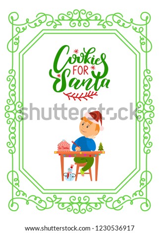 Boy writing letter for Saint Nicholas, cookies for Santa lettering in green and red, frame. Boy thinking of wish to make, kid writing mail, pine tree on table