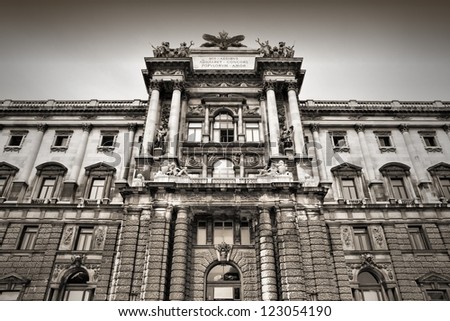 Vienna, Austria - Hofburg Palace. The Old Town is a UNESCO World Heritage Site. Black and white photo.