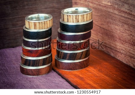 Unusual rings of silver and rare wood