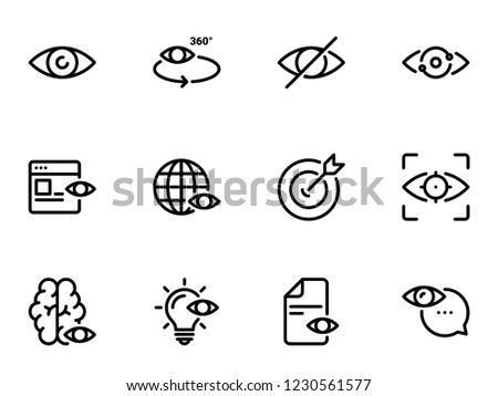 Set of black vector icons, isolated against white background. Illustration on a theme Eye. Line, outline, stroke, pictogram Royalty-Free Stock Photo #1230561577