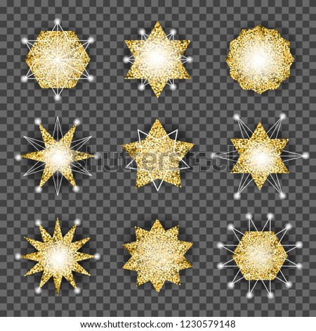 Snowflakes set. Shining winter decor. Golden stars and lights, glowing holiday decoration. Vector design elements isolated on transparent background.