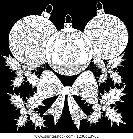 Coloring Pages. Coloring Book for adults. Colouring pictures with holly and tree ornament. Antistress freehand sketch drawing with doodle and zentangle elements.