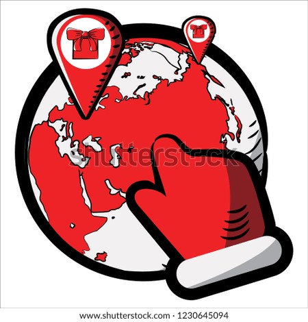 Santa Claus Hand in Red Mitten over Europe and Asia, Earth with Red Markers, Gift Boxes.  Flat style icon with black outline. Symbol. Sign. Stock Vector Illustration. Transparent. White Isolated.
