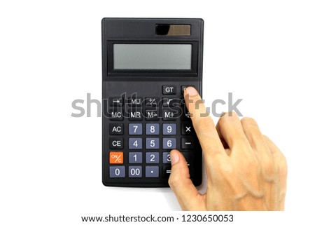 Hand use calculator isolated on white background.