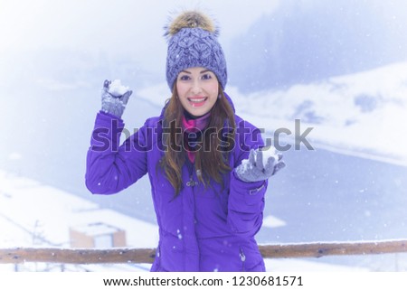 Winter time. Holidays and travels concept, woman at cold winter, celebrate christmas with good mood. Inspiration adventure
