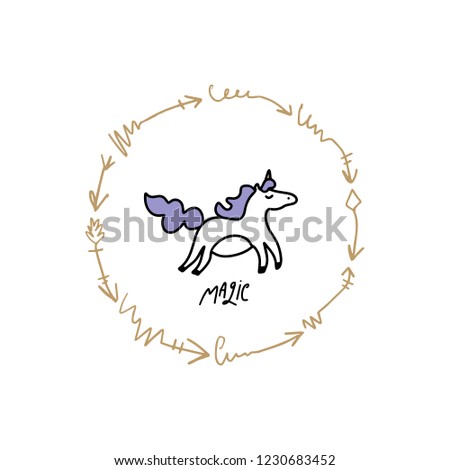 Cute hand drawn girl unicorn doodle nursery art. Good for prints, birthday invitations, cards. Girl postcard with magical pony, wreath flowers, gold elements. Vector, clip art.