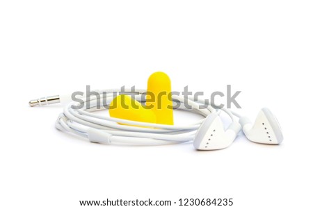 Ear plugs with ear buds isolated on white background, hearing loss prevention concept Royalty-Free Stock Photo #1230684235