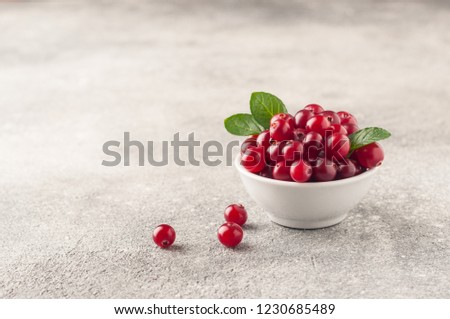 Cranberry. Cranberries with green leaves in small white bowl on the grey table. Fresh cranberries. Copy space. Selective focus. Macro. Closeup. Royalty-Free Stock Photo #1230685489