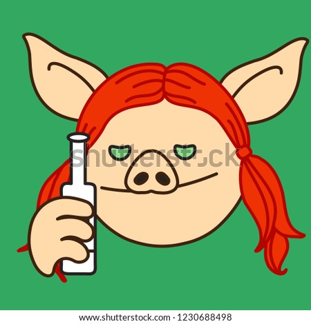 emoji with pig woman alcoholic that is holding bottle of vodka, alcohol addict at the bar with liquor beverage thinks she is not drunk enough & wants to continue, female drinking a strong drink