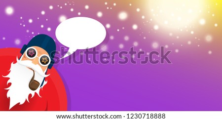 vector DJ rock n roll santa claus with smoking pipe, santa beard and funky hat isolated on violet horizontal banner background with xmas stars and lights. Horizontal Christmas hipster party poster