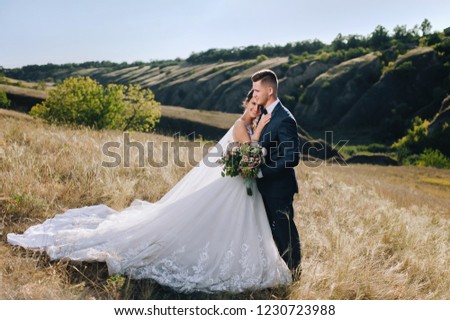 Stylish groom hugs a beautiful bride on the background of hills in sunny weather. Happy newlyweds are standing in a yellow field. Wedding photography. Family portrait.