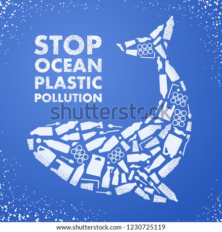 Stop ocean plastic pollution. Ecological poster. Whale composed of white plastic waste bag, bottle on blue background. Royalty-Free Stock Photo #1230725119