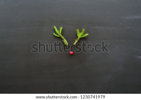 Christmas deer from tree branches and berry on blackboard