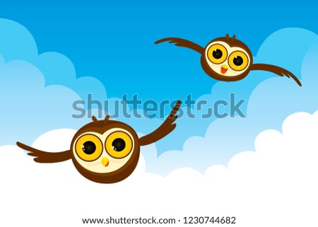 Two owls cartoon character flying in the sky. Vector illustration 