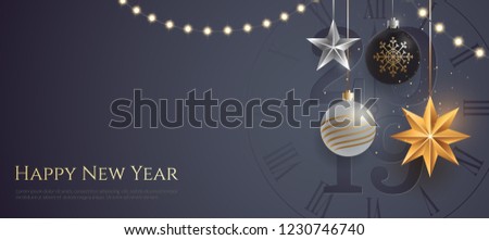 Happy new year 2019 banner template with copy space. Hanging Christmas toys and garlands with light bulbs on dark background. Winter Holiday card concept. Vector eps 10.