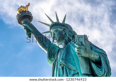 Statue of Liberty against  blue sky in New York City in the United States. 