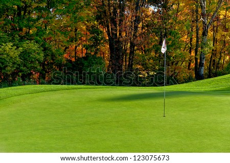 Golf course putting green with flag in autumn colors
